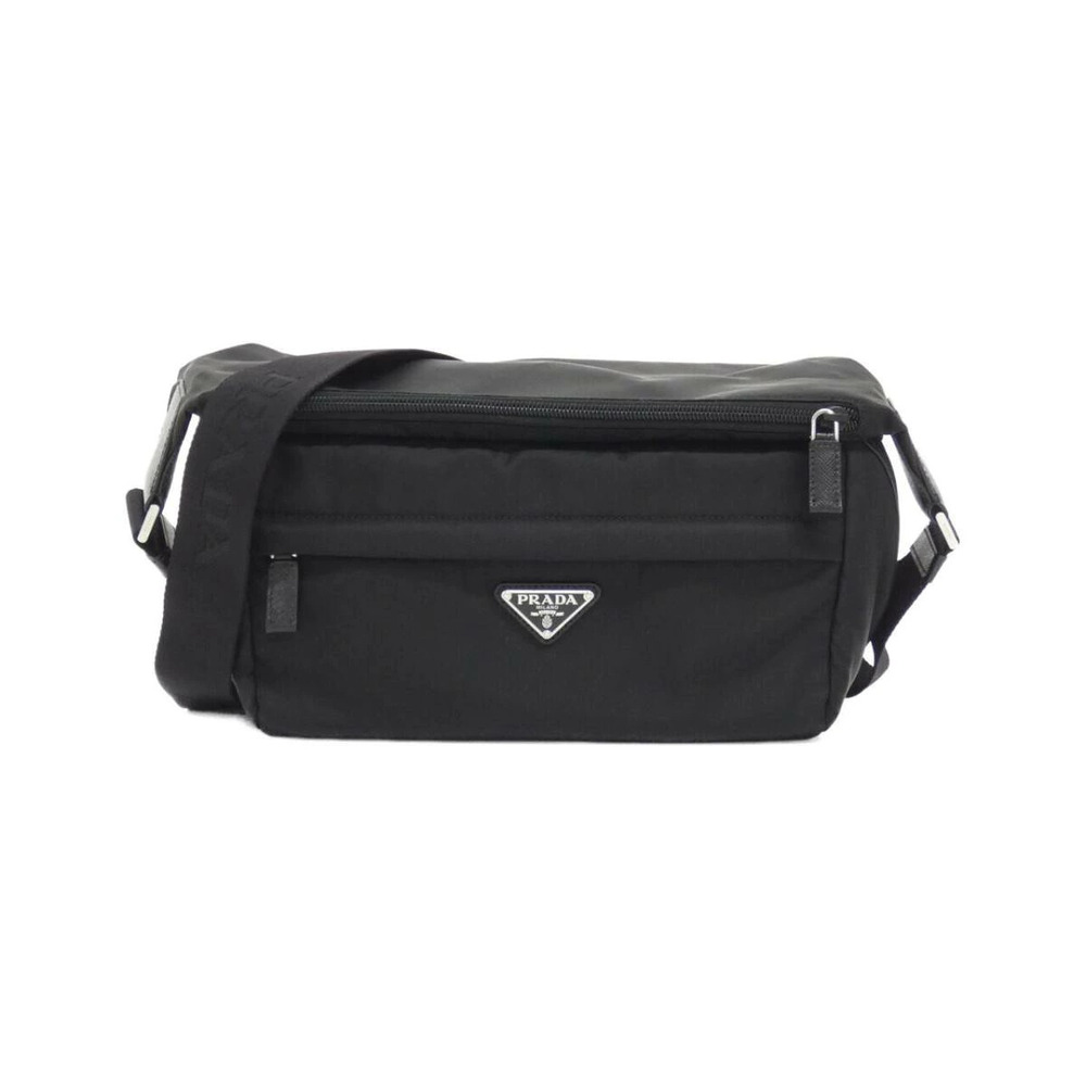 Prada leather trimmed shoulder bag enameled metal triangle Black
